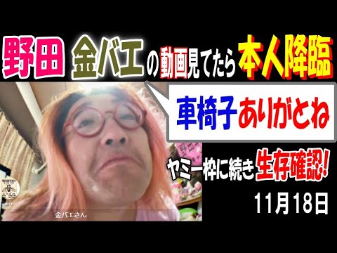 【野田】【金バエ】の動画見てたら本人降臨「車椅子ありがとね」ヤミー枠に続き生存確認! 11月18日